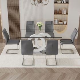 1 table and 6 chairs set.63"x35.4 Rectangular Transprant Tempered glass Dining Tabletop with White MDF OC shaped bracket.Paried with 6 Dark gray high-