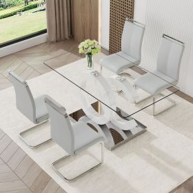 Table and chair set.63"x35.4 Rectangular Transprant Tempered glass Dining Tabletop with White MDF OC shaped bracket.Paried with 4 Light Gray high-qual