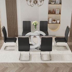 Table and chair set.63"x35.4 Rectangular Transprant Tempered glass Dining Tabletop with White MDF OC shaped bracket.Paried with 6 Black high-quality P