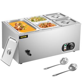 VEVOR 110V Commercial Food Warmer 1x1/3GN and 4x1/6GN, 5-Pan Stainless Steel Bain Marie 13.7 Quart Capacity,1500W Steam Table 15cm/6inch Deep