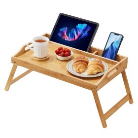 VEVOR Bed Tray Table with Foldable Legs & Media Slot, Bamboo Breakfast Tray for Sofa, Bed, Eating, Snacking, and Working (Quantity: 1-Piece Set, size: 19.7 x 11.8 inch)